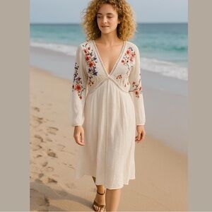 J GEE WHITE GAUZE BOHO DRESS W BRIGHT FLORAL EMBROIDERED BODICE W V-NECK SZ 2X